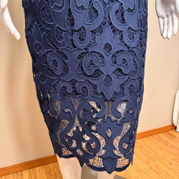 Bardot Navy Blue Lace Midi Dress Women's US 6 Scalloped Hem Cocktail Bodycon - Picture 5 of 14